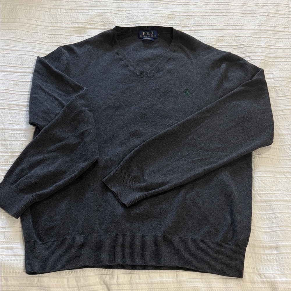 Polo by Ralph Lauren Men's Charcoal Crewneck Sweater - v neck. Green logo